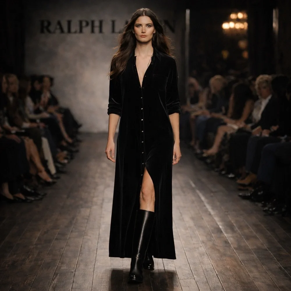 Ralph Lauren Vintage Black Velvet Maxi Shirt Dress Minimalist Quiet Luxury Small - Picture 6 of 7